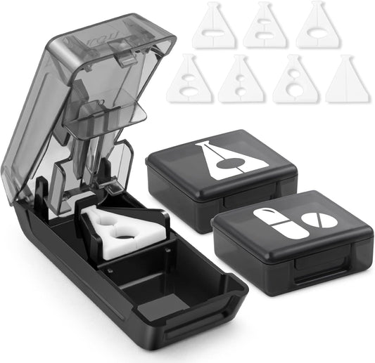 Fullicon Pill Cutter for Small or Large Pills, Pill Splitter with V-Shape Holder, Medicine Slicer with Sharp Blade,Tablet Splitter with Two Large Pill Organizers-Black
