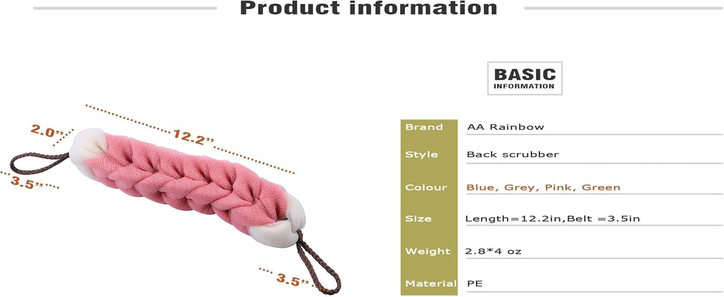 AARainbow 4 Packs Long Stretch Back Sponge with Rope Handles Back Scrubber Body Sponges for Bathing, Bath Shower Mesh Sponge Body Deep Cleaning for Men & Women (Blue+Grey+Green+Pink)