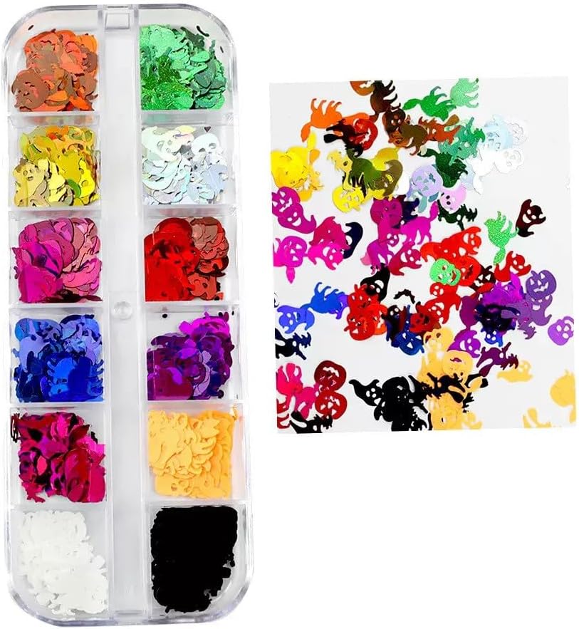 3 Boxes Halloween Nail Art Sequins 3D Holographic Spider Pumpkin Face Ghost Witch Skull Nail Art Glitter Sequins Halloween Nail Decoration Supplies for Women (36 Grids)