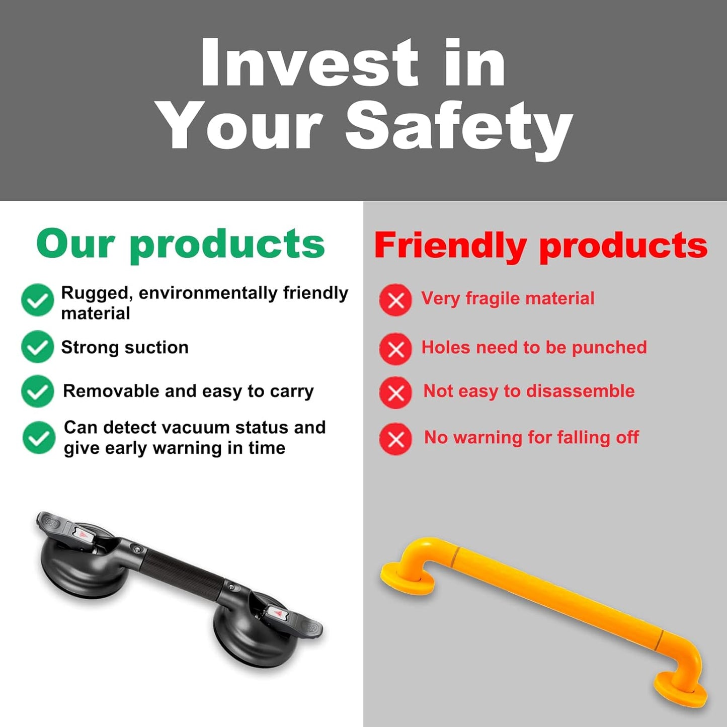 15-Inch Shower Handle - Upgraded Grab Bar with Strong Suction Cups for Bathtub & Shower Safety, Ideal for Seniors, Elderly, Disabled - Black