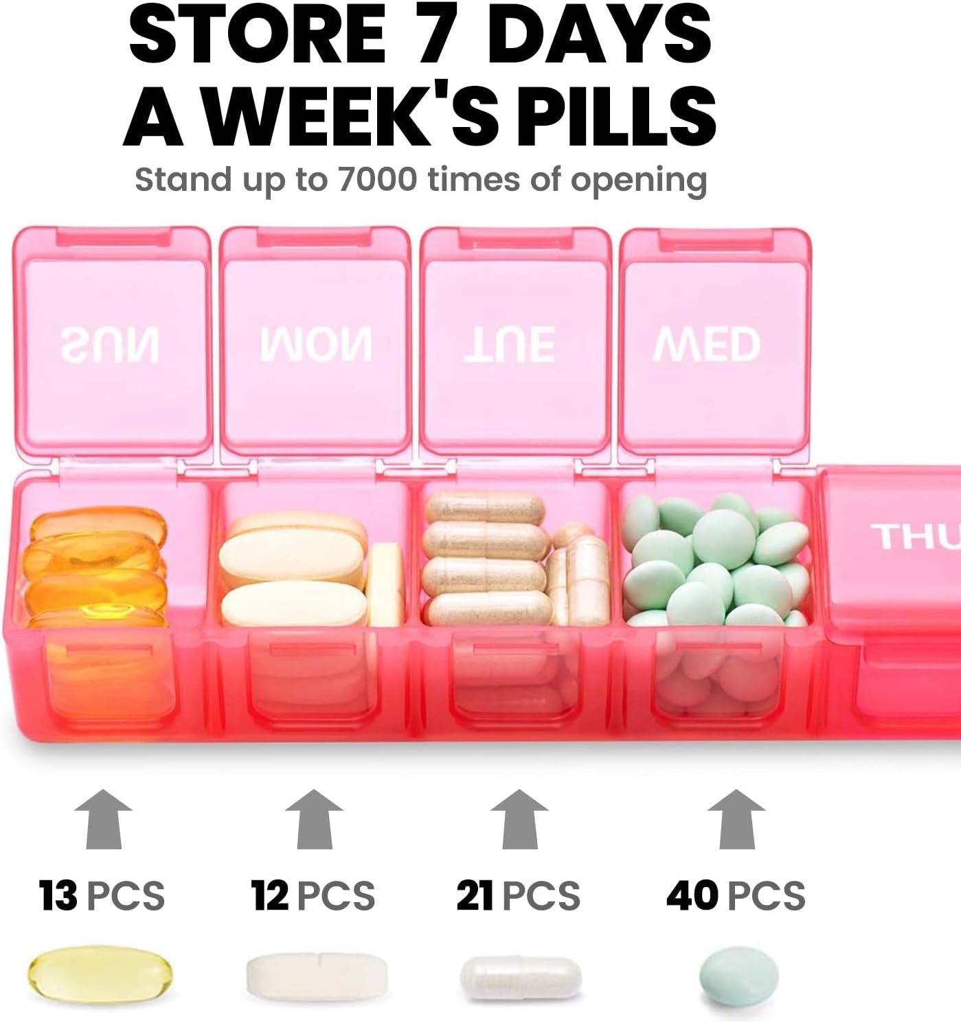 Sukuos Extra Large Weekly Pill Organizer, 7 Day Daily Pill Box Case Arthritis Friendly, Silkscreen Printed Medicine Container with Clear Lid for Vitamins, Fish Oils or Supplements (Pink)