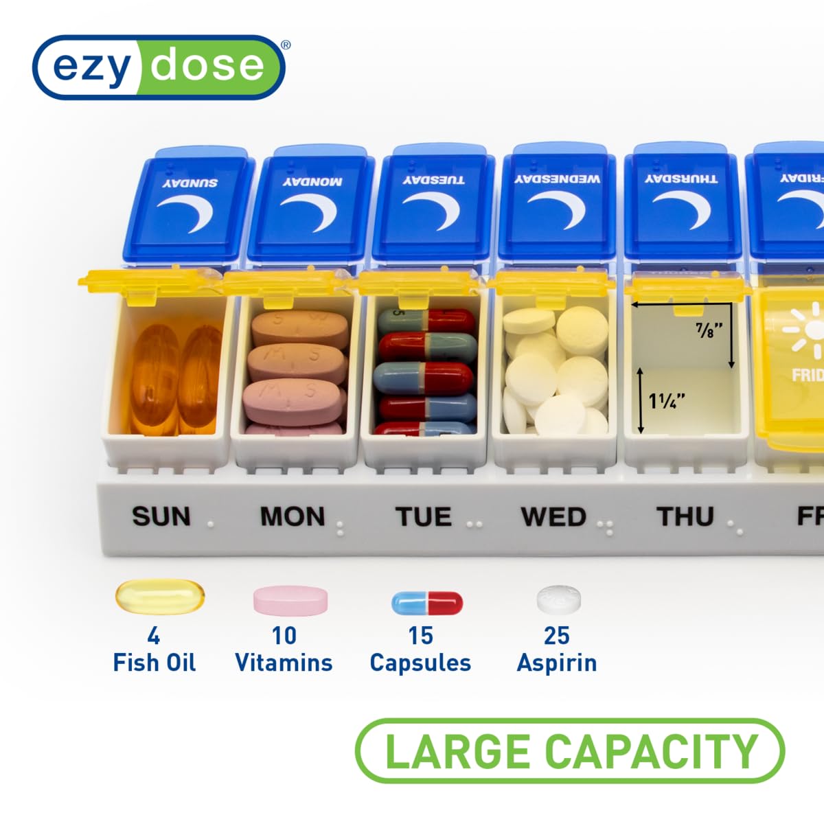 EZY DOSE Weekly (7-Day) AM/PM Pill Organizer, Daily Vitamin Container and Medicine Box, Large Pop-Out Compartments, Designed for Travel, 2 Times a Day, Blue and Yellow Lids