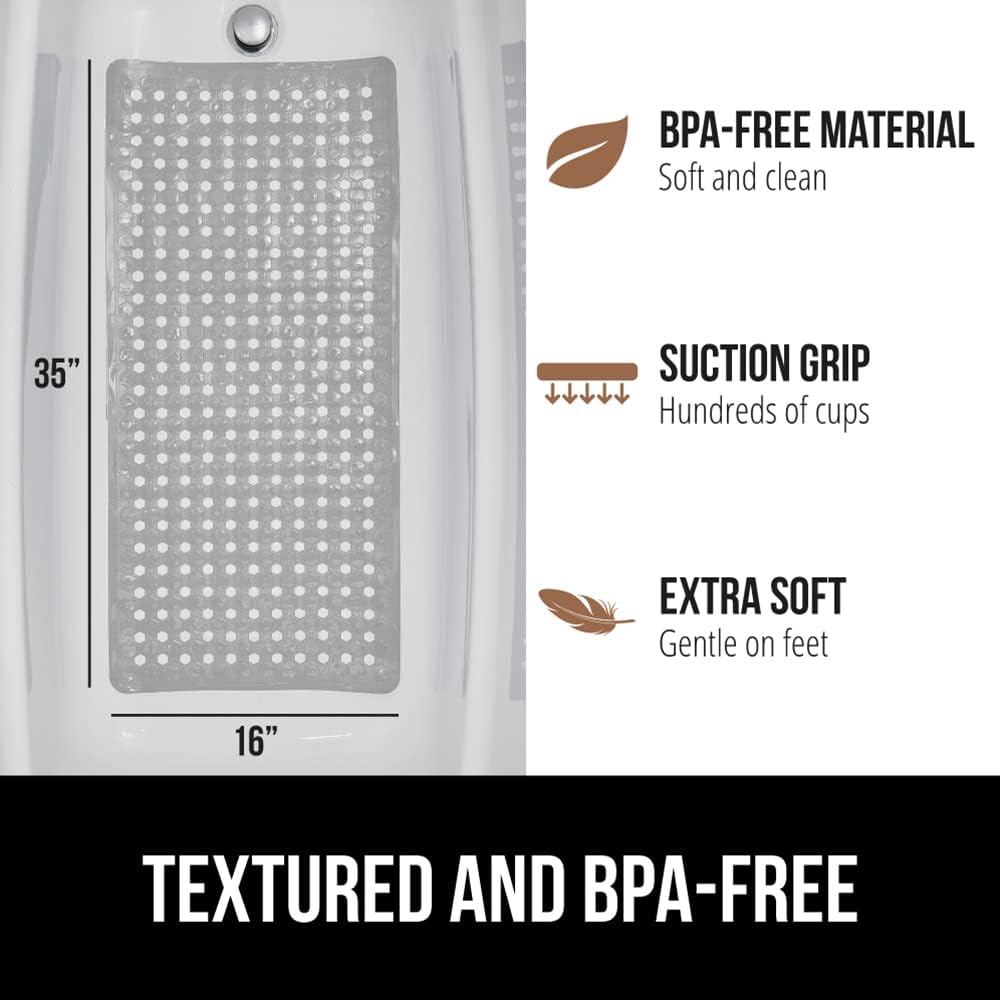 GORILLA GRIP Patented Bath Tub Shower Mat, Machine Washable Bathtub Floor Liner Mats, Suction Cups and Drain Holes to Keep Tubs Clean, Soft on Feet, Bathroom Essentials, 35x16 Inch, Gray Opaque