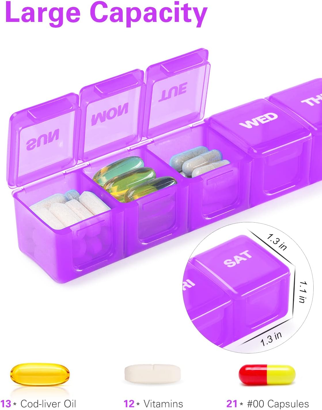 BUG HULL Weekly Pill Organizer Large 2 Packs, Extra Large Travel Pill Organizers, Pill Box 7 Day, Travel Pill Case, Medicine Pill Organizer for Vitamins, Supplements and Medication (White+Purple)