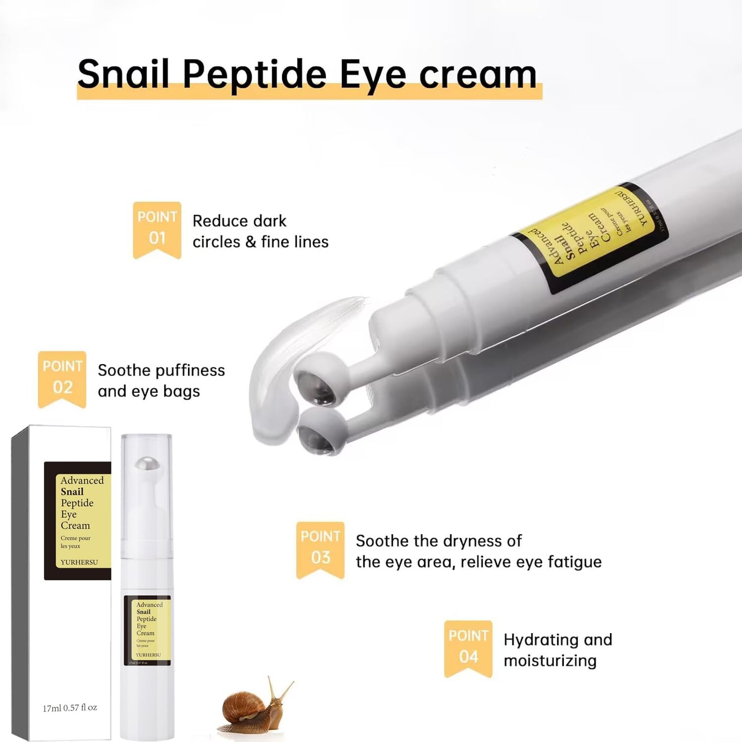 Snail Peptide Under Eye Cream with 73% Snail Mucin & 2% Nicotinamide for Dark Circles, Puffiness & Wrinkles, with 360° Massaging Roller Ball, 0.57 fl oz