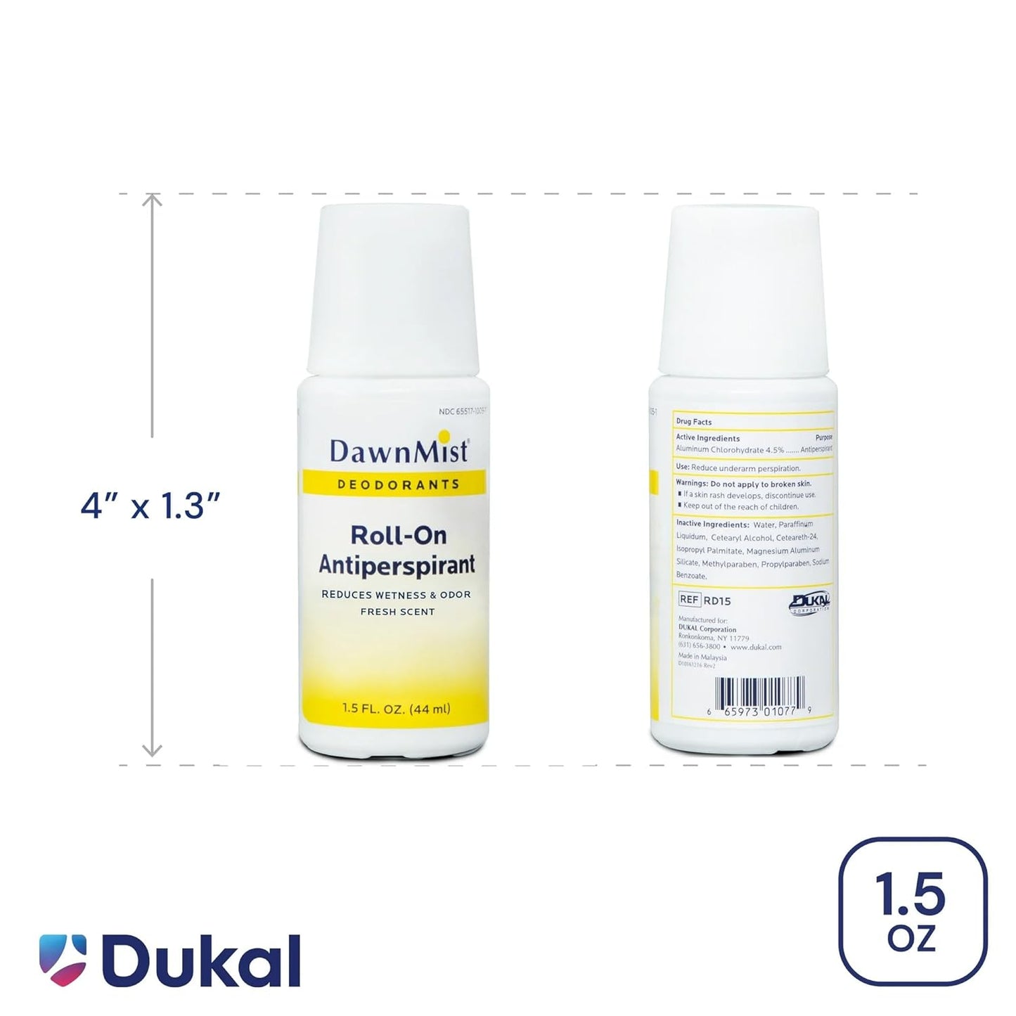 Dukal RD15 DawnMist Roll On Antiperspirant & Deodorant, Fresh Scent, Travel Size, 1.5oz,12 pack
