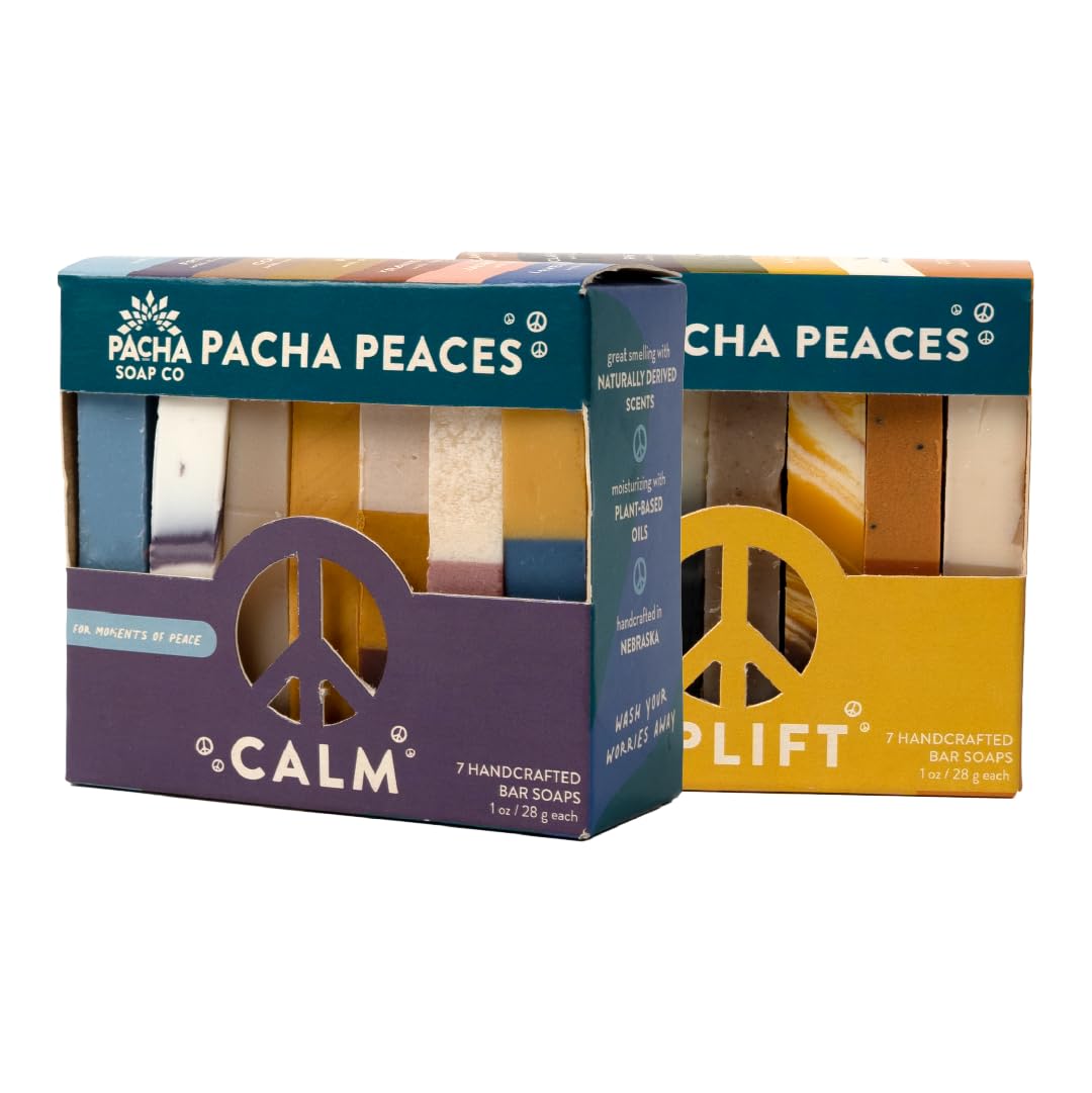 Pacha Soap Co. Bar Soap, Pacha Peaces, Uplift & Calm Bundle, 2-Pack (4 oz ea) - Premium, Handcrafted, Hydrating, Natural Face Wash, Hand Cleanser, Body Wash, Soothing Essential Oils