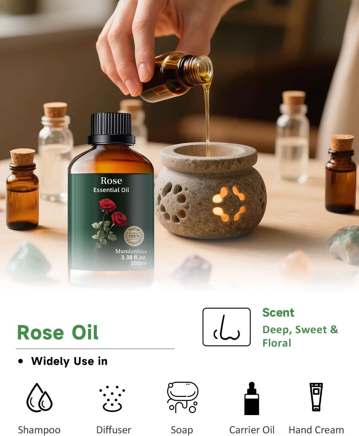 Mumianhua Rose Essential Oil 100% Pure - Therapeutic Grade Natural Aromatherapy Rose Oil for Skin, Hair & Large Room Diffuser | Bulk Steam Distilled for Candle Making, Laundry & Home Scent 3.38 Fl Oz