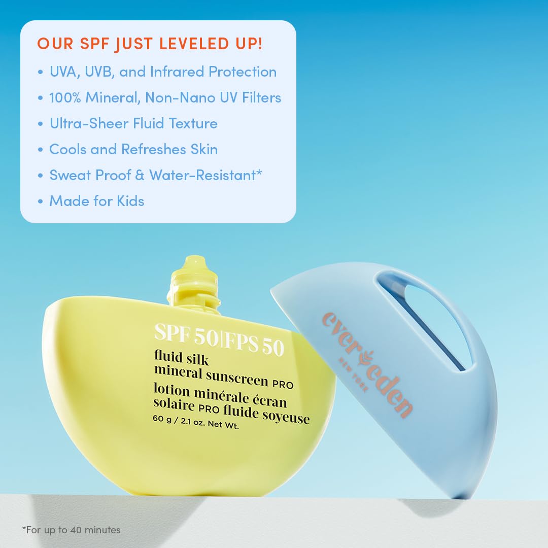 Evereden SPF50 Fluid Silk Mineral Kids Sunscreen: Clean Cooling Non-Nano UVA, UVB, & IR Protection for Sensitive Skin - Sheer, Lightweight, & Waterproof for Up to 40 Mins - Beach Day Toddler Sunscreen