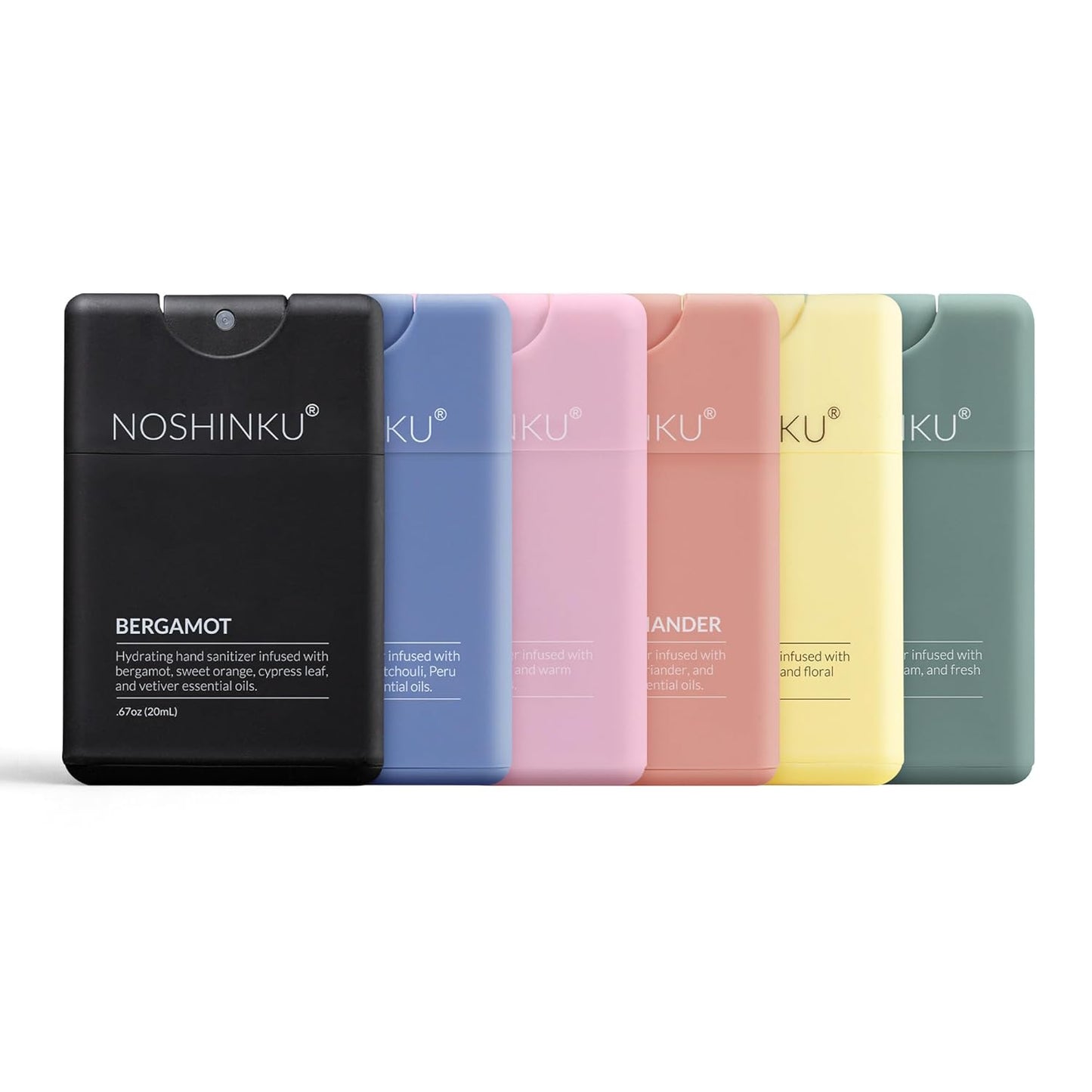 Noshinku - Refillable Hand Sanitizer Discovery 6-Pack, Travel Size Spray with Hydrating Botanical Mist, Natural Ingredients, All Natural Fragrances, Sugarcane-Derived Alcohol, No Parabens, No Dyes