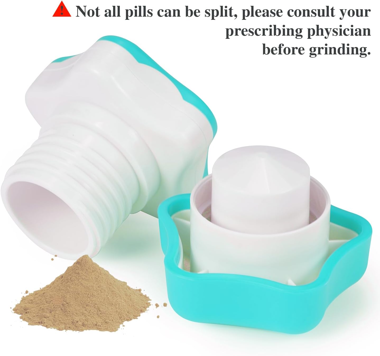 Johnbee Pill Crusher, Pill Grinder Fine Powder Extremely Fine. Storage Compartment. Pill Crushers for Elderly, Family and Pets. Silicone Edges. Grind Multiple Pills at Once - Cleaning Brush (Cyan)
