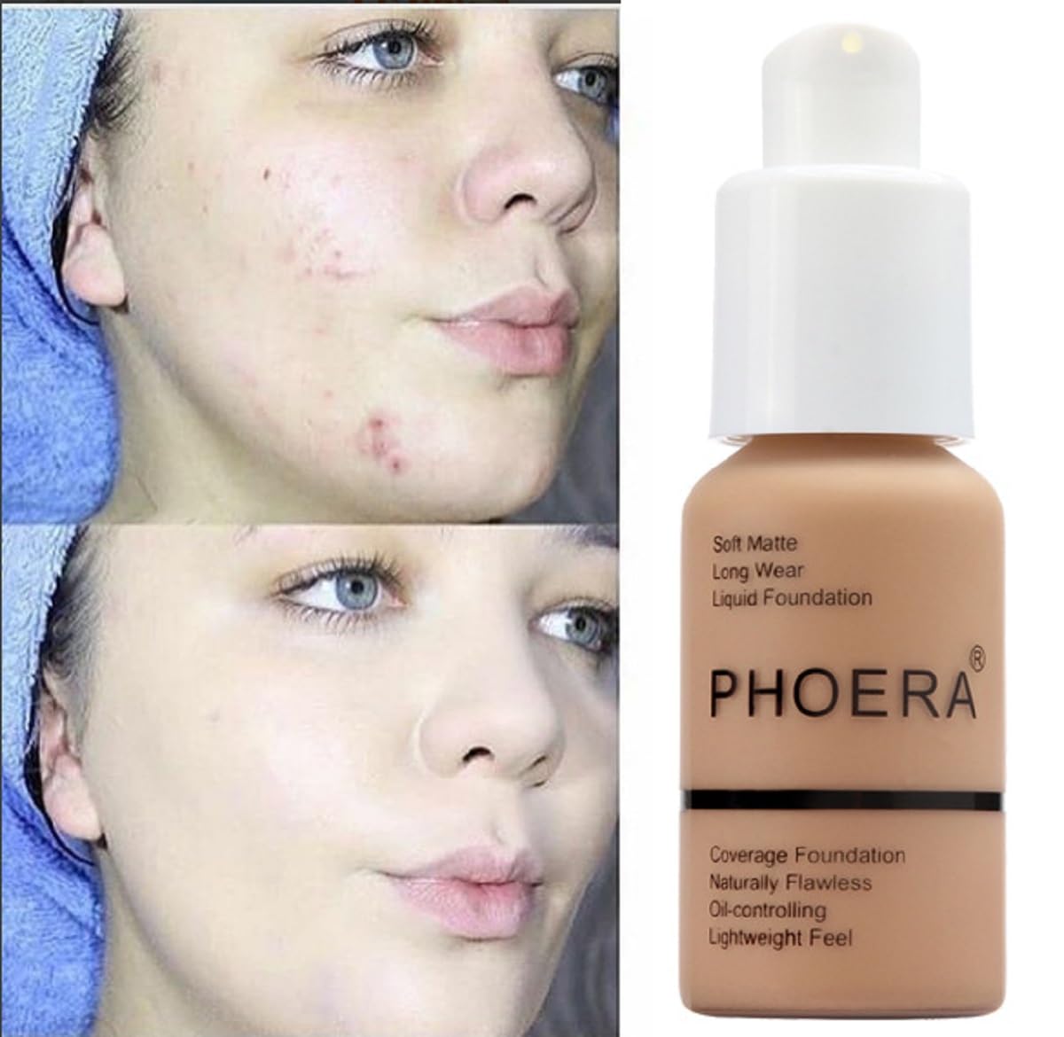 2 Pack PHOERA Foundation, Long-Lasting Waterproof Oil Control Concealer Flawless Soft Matte Liquid Foundation.106 - Warm Sun