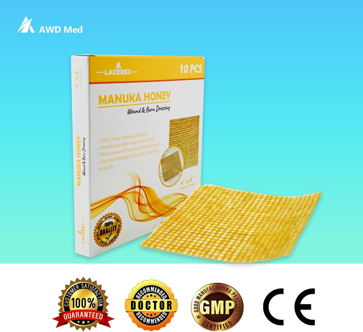 AWD Manuka Honey Gauze Dressing - 100% Impregnated Medical Grade Honey Patches - Medical Supplies, Wound Care, and First Aid - Gauze Pads 10 Count (4"x4")