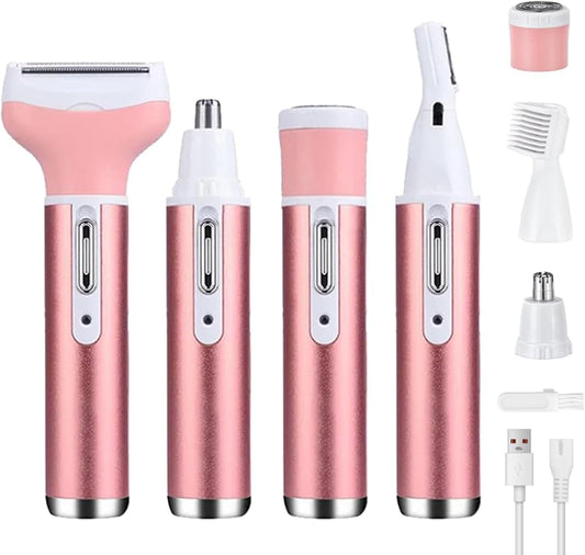 4-in-1 Electric Razor for Women - Painless Facial Hair Removal, Bikini Trimmer, Eyebrow & Body Groomer - Rechargeable Hair Clippers Set for Underarms, Legs & Nose