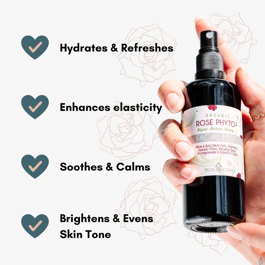 Organic & Vegan Rose Phyto³ Water Facial Spray - Moisturizing Face Mist & Setting Spray, Soothing, Hydrating Mist Rose Water For Face - Great for Facial Massaging (4 oz)