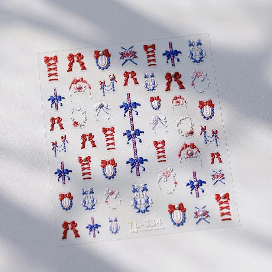 5D Embossed Bows Nail Stickers, Pearl Nail Art Sticker Self-Adhesive Nail Decals for Women Red and Blue Nail Supplies Art Design Stickers (1, Red and Blue)