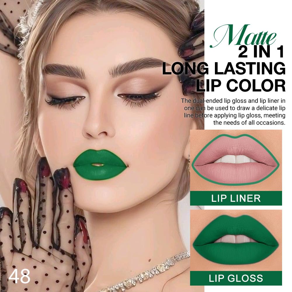 evpct 1Pcs Forest Green Matte Lip Liner & Liquid Lipstick Stain Makeup Set for Women, Green Lip Liner Stain Long Lasting Waterproof Smudge Proof, Cruelty Free Lip Stick Makeup 24 hours originales, 48