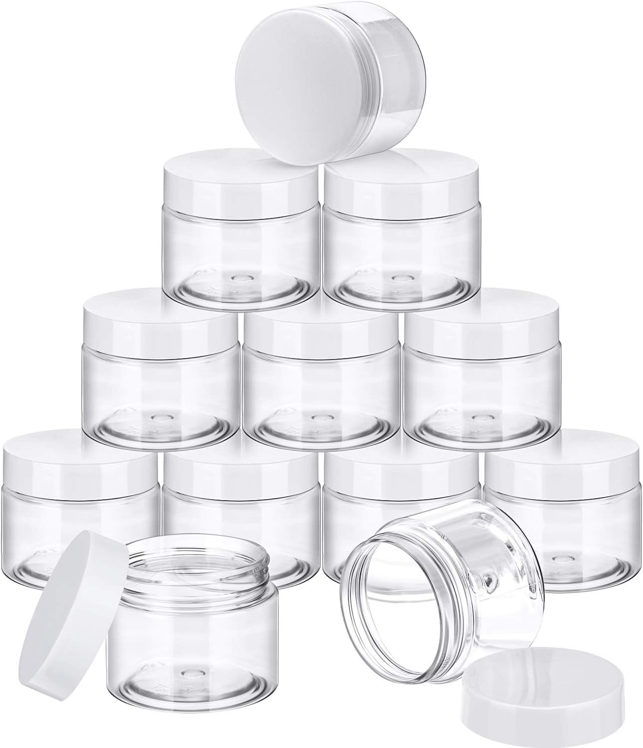 SATINIOR 24 Pieces Empty Clear Plastic Jars with Lids Round Storage Containers Wide-Mouth for Beauty Product Cosmetic Cream Lotion Liquid Butter Craft and Food (White Lid, 2 oz)