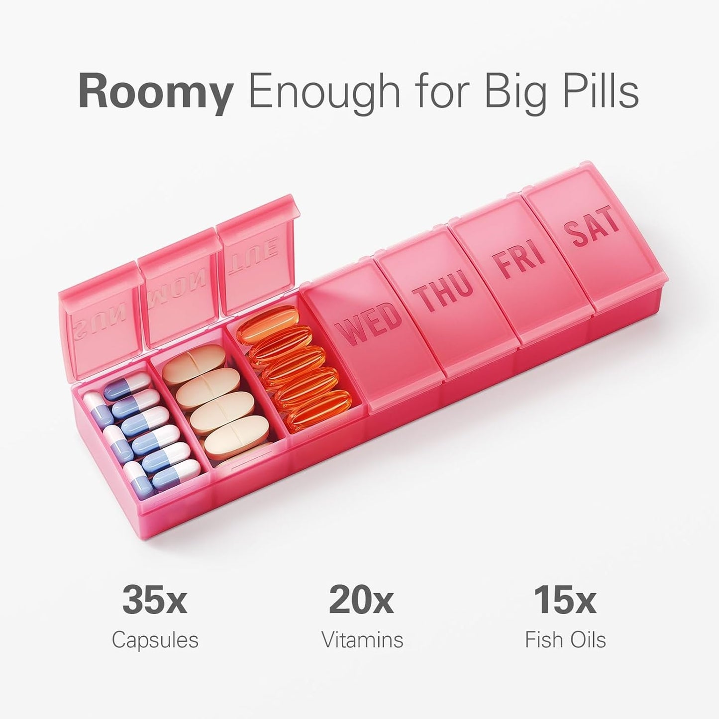 Barhon Pill Organizer Large, Weekly Medicine Pill Organizers, 7 Day Pills Box Case Travel for Big Vitamin Supplements Fish Oil, Red