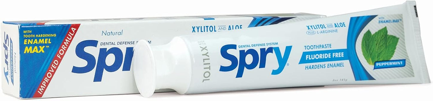 Spry Natural Xylitol Toothpaste 5oz for Adults and Kids - Fluoride Free, Gentle for Sensitive Teeth Whitening and Remineralizing, Breath Freshening, Mouth Moisturizing, Peppermint (Pack of 2)