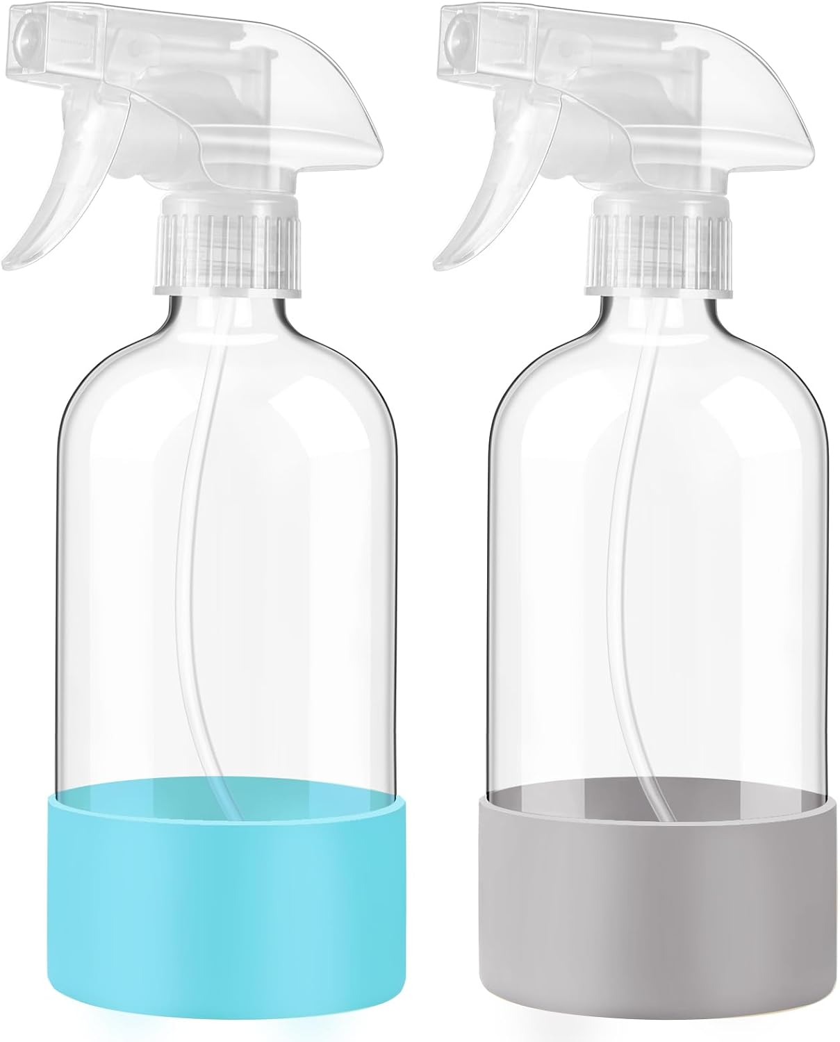 JohnBee Glass Spray Bottles with Silicone Sleeve, 2 Pack16 oz Empty Refillable Containers with Adjustable Spray Nozzles, Spray Bottles for Hair, Cleaning Solutions and Plants Blue&Grey