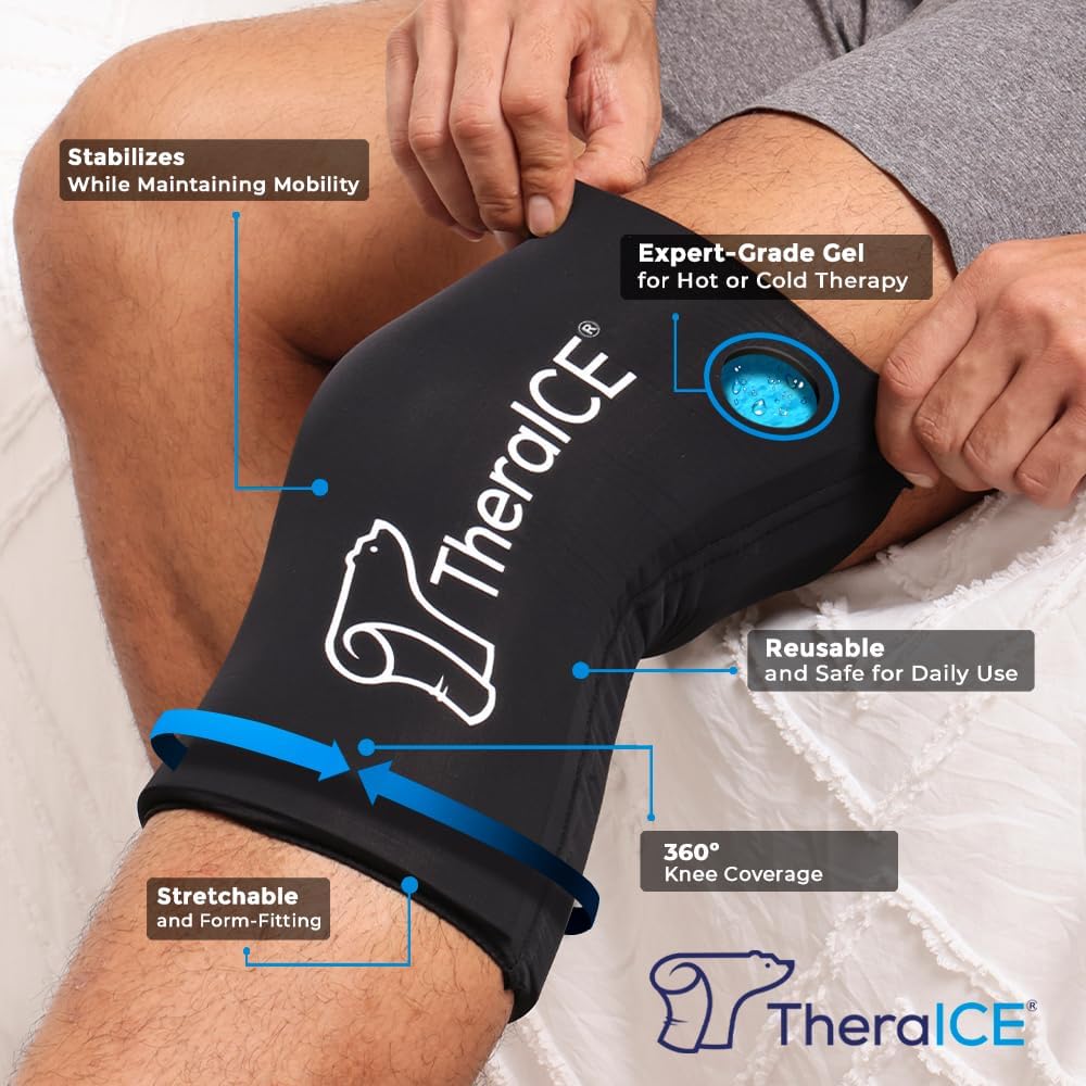TheraICE Knee Ice Pack Wrap Compression Sleeve for Injuries, Reusable Gel Cold Packs Brace Also for Elbow, Ankle & Calf - Flexible Cold Wrap Recovery for Meniscus, ACL, MCL Pain Relief (L)