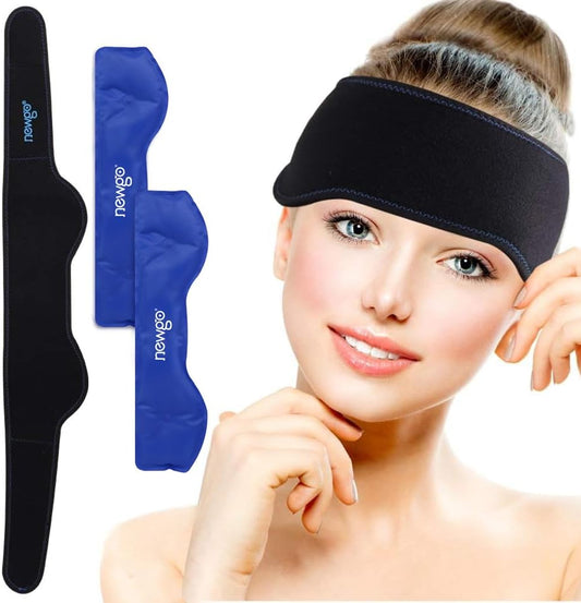 NEWGO Headache Ice Pack Head Wrap for Migraines, Cold Pack for Headache Relief, Tension, Sinus Pain, Chemo, Head Injuries - 2 Gel Pack Inserts & 1 Wrap