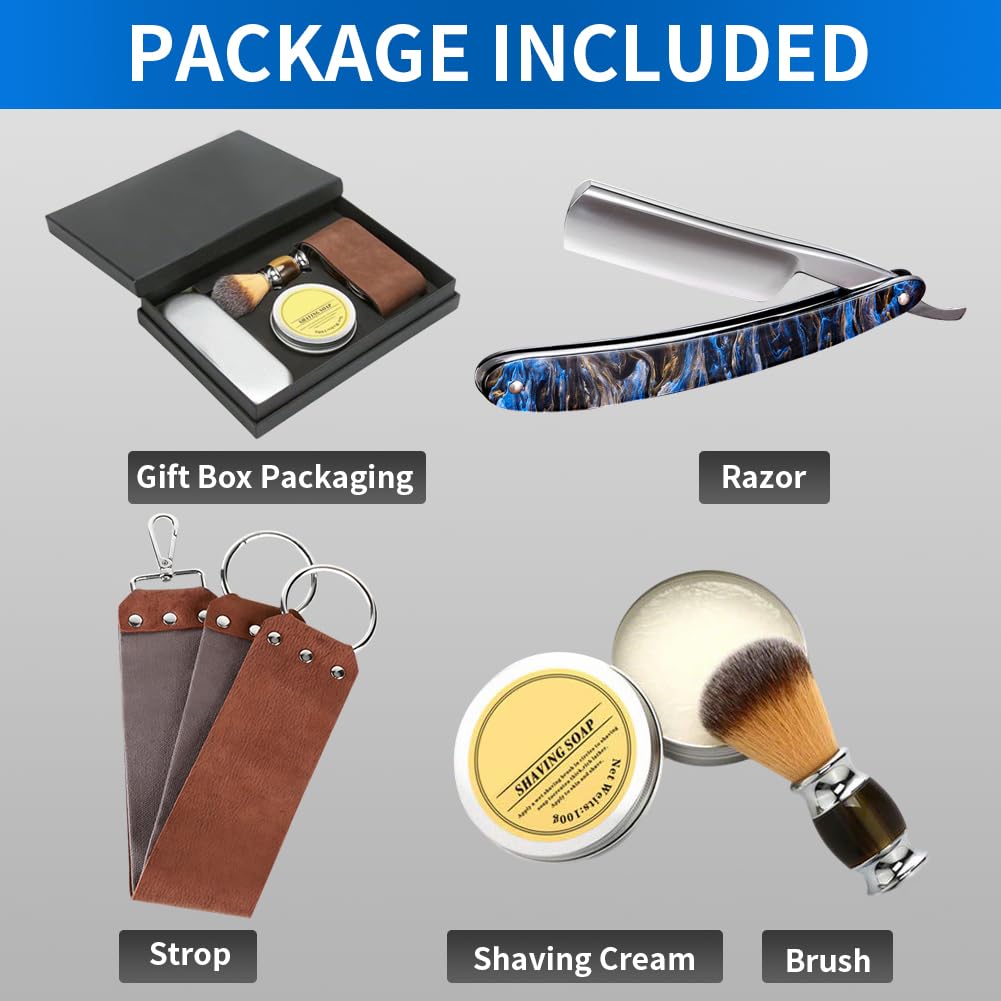 Straight Razor Kit Professional Shave Ready for Men Barber,Straight Edge Razor Carbon Steel Sharp Shaver with Shaving Strop Brush Shaving Cream for Men Home &Grooming Using
