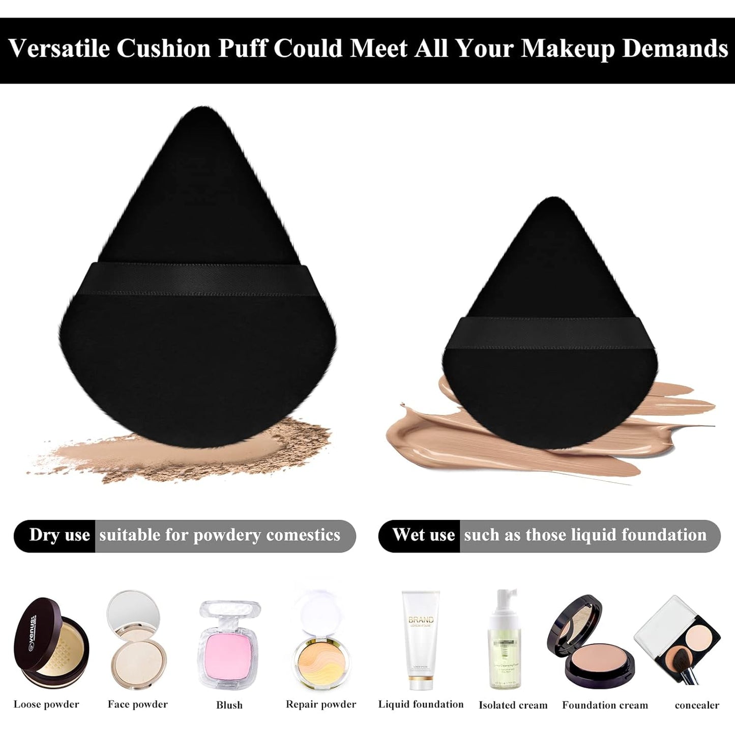 Maitys 12 Pieces Powder Puff Triangle Face Makeup Cosmetic for Loose Powder Soft Body Washable Reusable Foundation Sponge Mineral Wet Dry Makeup Tool for Women(Large, Small,Black)