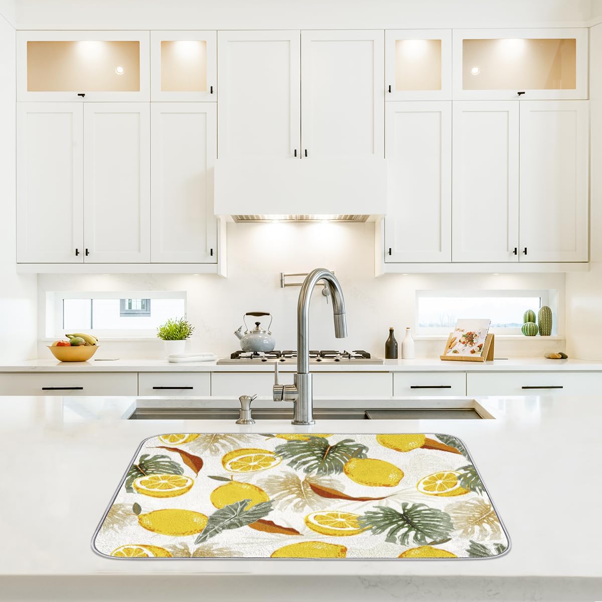 Hexteria Dish Drying Mat Microfiber for Kitchen Counter Summer Lemon Absorbent Dish Draining Reusable Washable Kitchen Drying Bar Mat Kitchen Accessories
