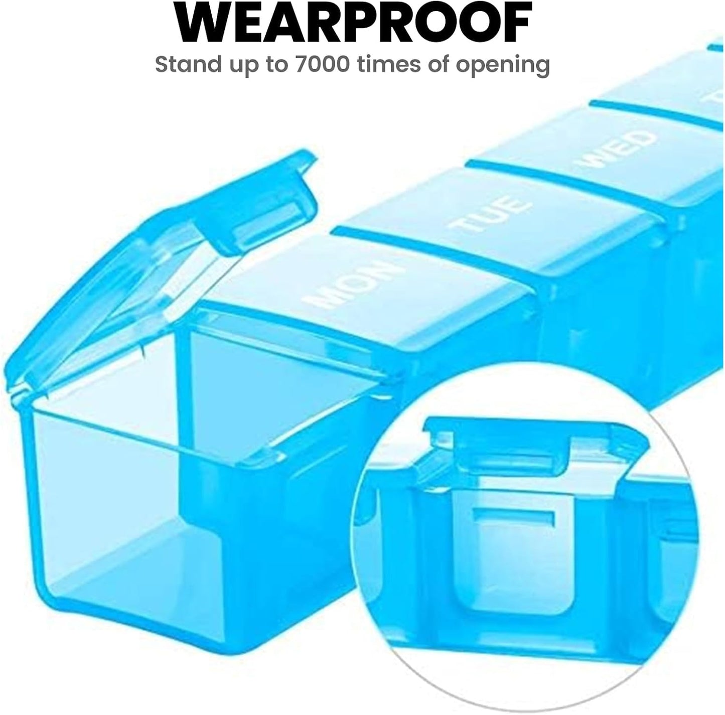 Sukuos Extra Large Weekly Pill Organizer, 7 Day Daily Pill Box Case Arthritis Friendly, Silkscreen Printed Medicine Container with Clear Lid for Vitamins, Fish Oils or Supplements (Blue)