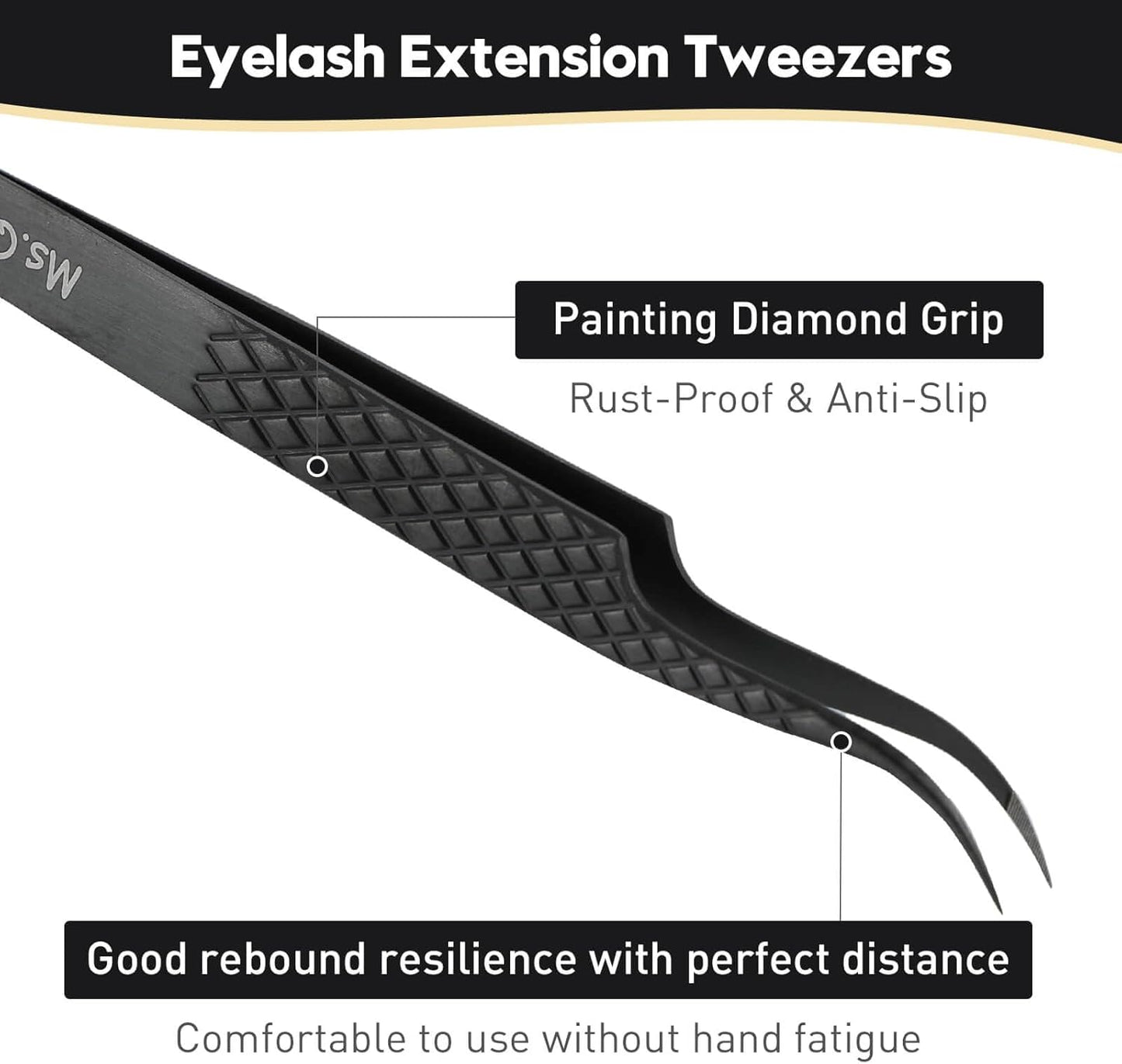 Ms.Queen Eyelash Extension Tweezers,Microfiber Tip Curved Lash Tweezers for Volume, Isolation& Classic Lashes Extensions,Black
