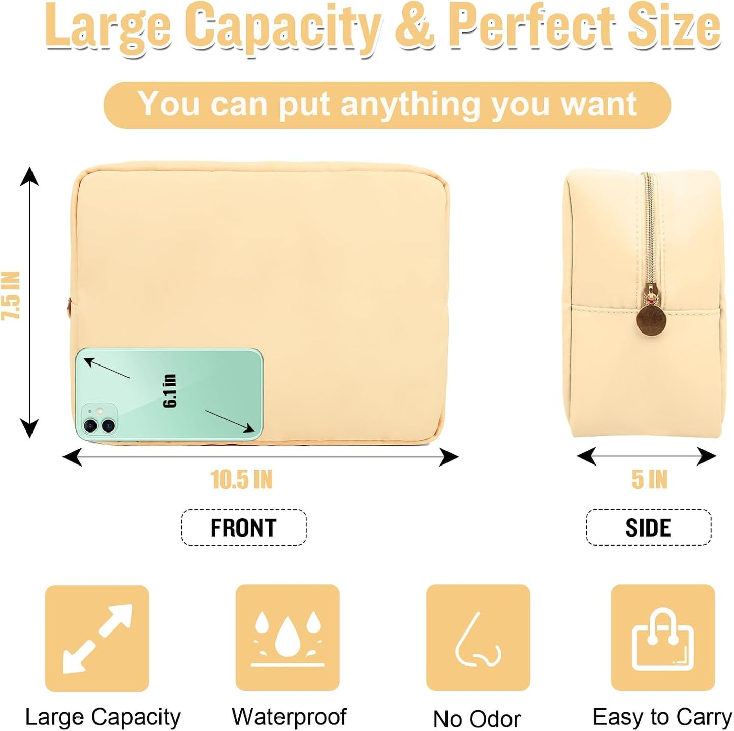 Nylon Large Makeup Bag Travel Pouch for Women, Preppy Big Makeup Bag Cute Cosmetic Zipper Pouch Purse, DIY Chenille Letter Bag Waterproof Toiletry Bag Clutch Makeup Organizer for Girls (Beige)