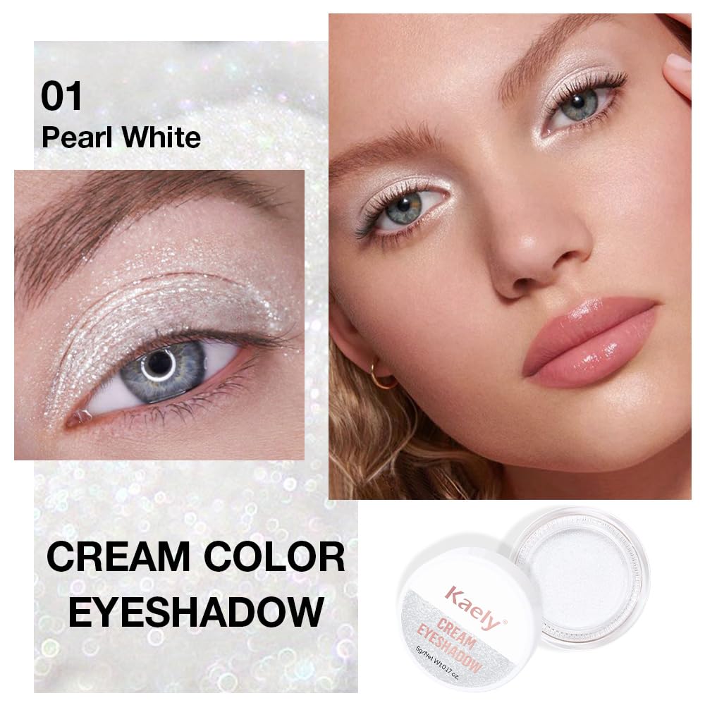 Cream Glitter Pearl White Shimmer Metallic Eyeshadow Palette Makeup, Natural Single Mini Instant Holographic Eyeshadow For Women, Sombras Crema Para Ojos,Talc,Paraben&Cruelty Free, P01