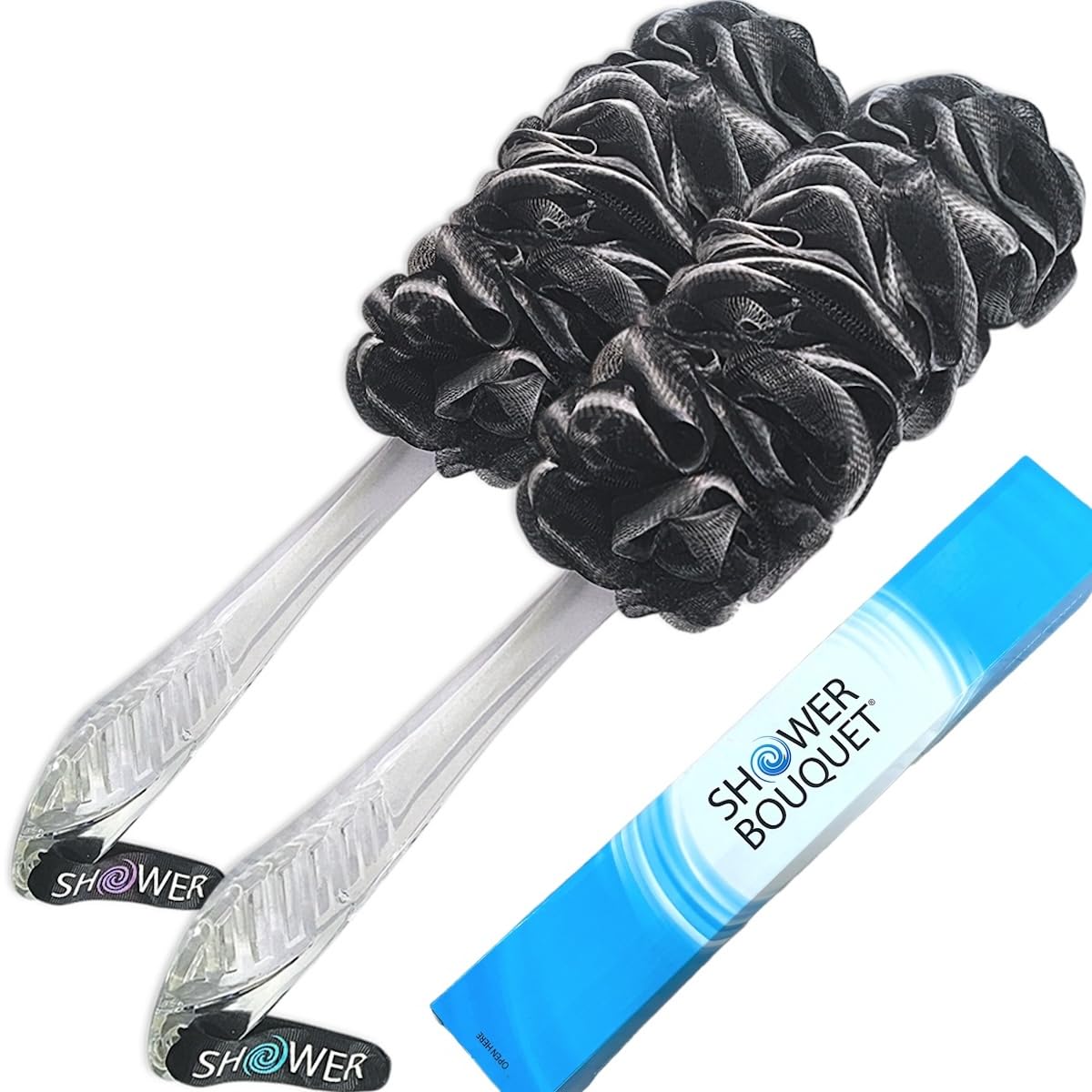SHOWER BOUQUET Loofah-Charcoal Back-Scrubber 2-Pack // Long-Handle Bath-Sponge Brush/Extra Large Soft Mesh Loofa-Lufa-Loufa for Men & Women - Exfoliate with Full Pure Cleanse in Bathing Accessories