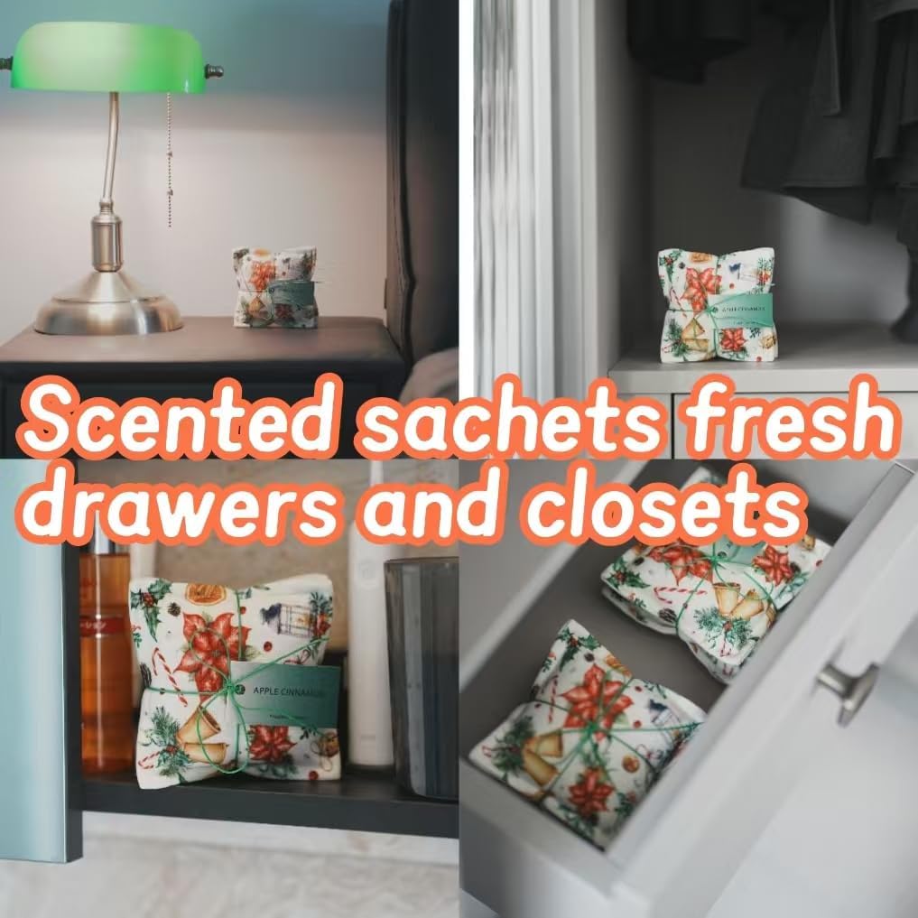 AUCUDA 4pcs Apple Cinnamon Sachet Bags for Christmas Decorations Drawers and Closets, Scented Potpourri Packets for Women Outfits, Winter Fragrance Pillow for Bedroom Indoor, Fresheners for Holiday.