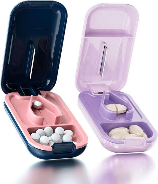 DUBSTAR Small Pill Cutter, Pill Cutter Splitter for Small and Tiny Pills, Portable Pretty Pill Cutters for Large Pills, Cuts Vitamins Tablets for Purse Pocket (2 PCS Pill Cutters, Blue+Purple)