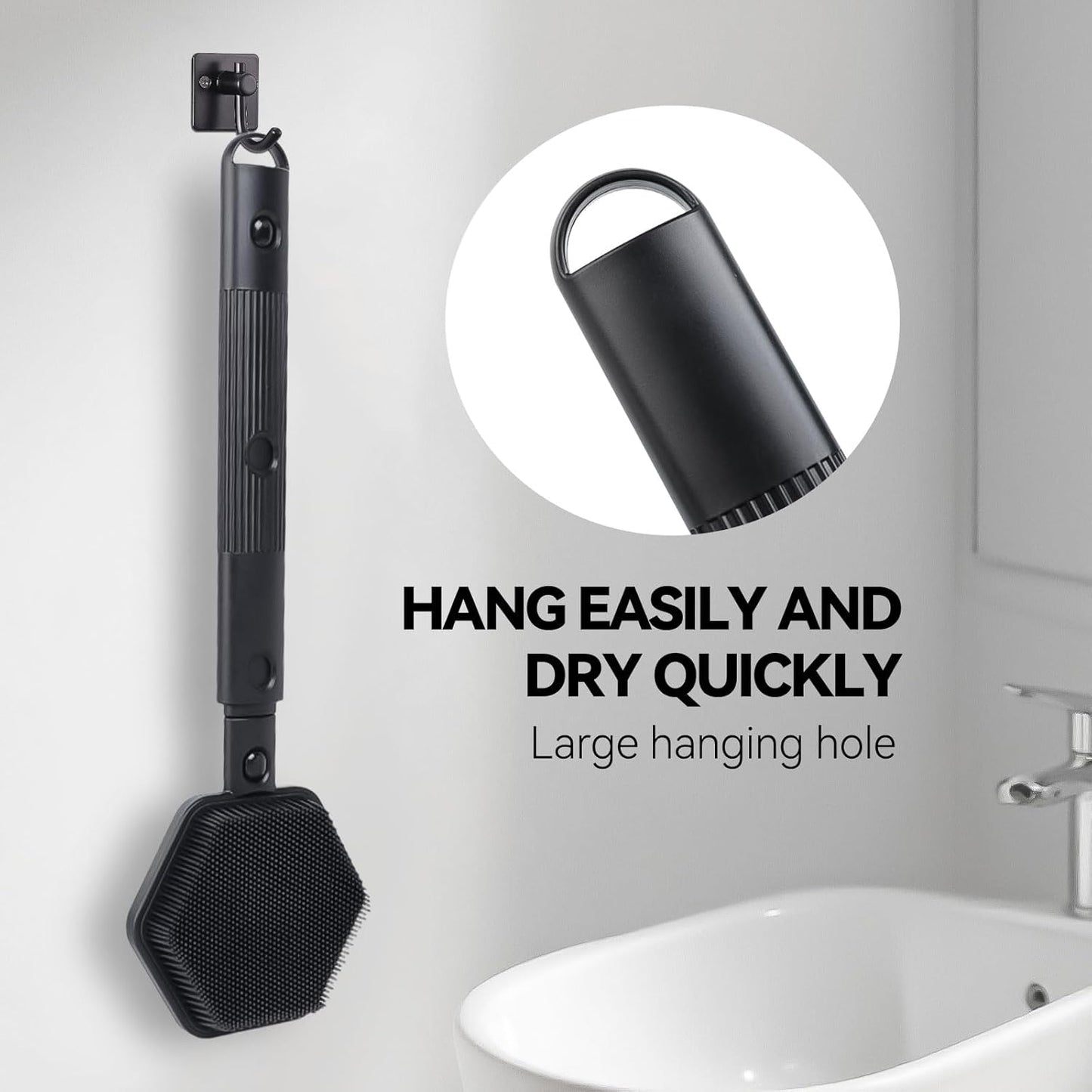 21 Inches Silicone Back Scrubber for Shower - Extendable Shower Brush Long Handle with Stiff and Soft Bristles -Loofah Alternative- Body Exfoliator for Bath or Dry Brush,Men & Woman (Black)