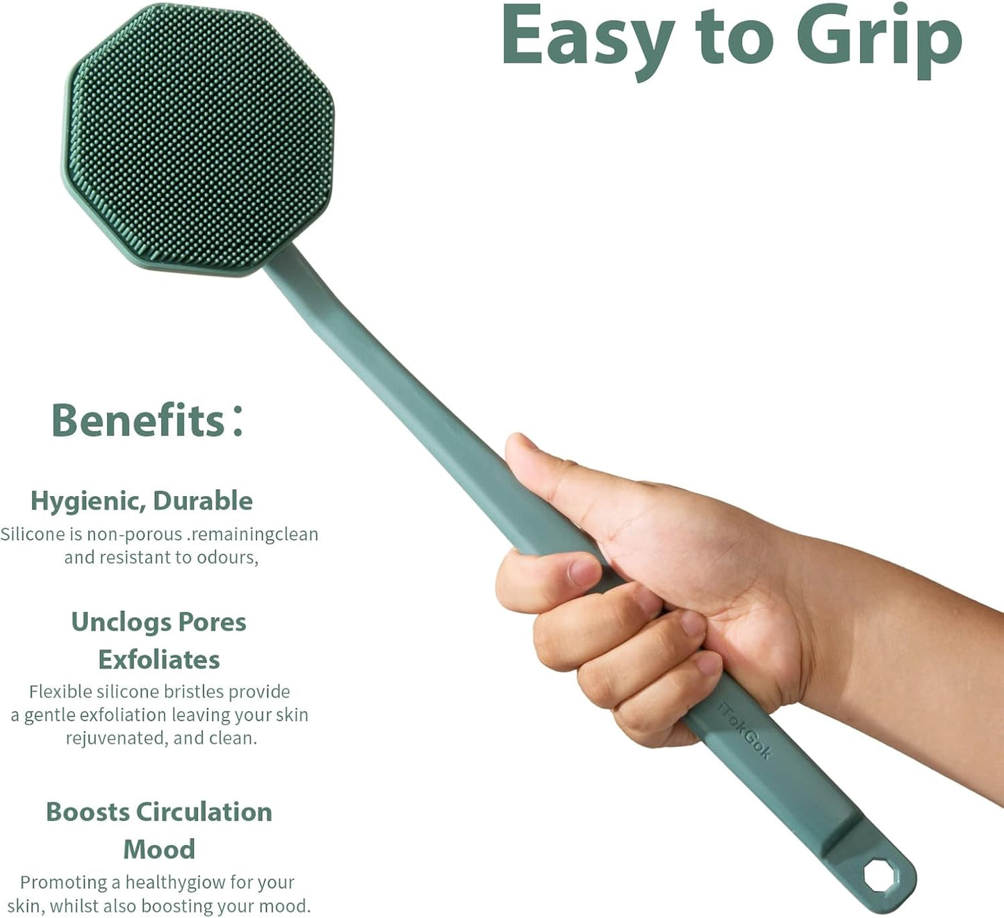 iTokGoK® Silver-Infused Silicone Back Scrubber with Long Handle Back Brush for Shower,Back Brush Long Handle for Men and Women,Ergonomic No-Slip Handle, Long-Lasting (Midnight Green)