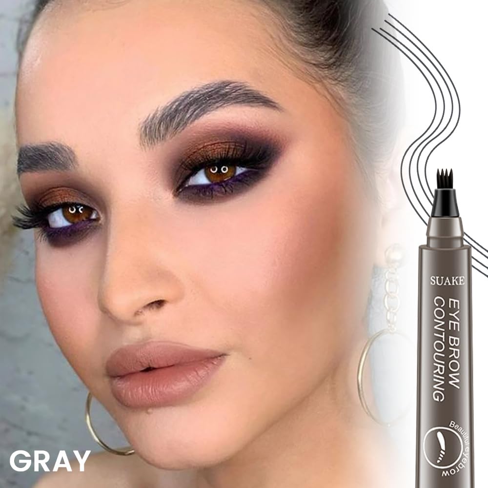 Eyebrow Ink Pencil by Brow Stylist -Micro 4 Point Brow Pen Lift & Snatch Eyebrow Pen Kits with 3 Eyebrow Stencil Long-Lasting Waterproof Natural Eyebrow Hair (B-2Pc 04# Gray)