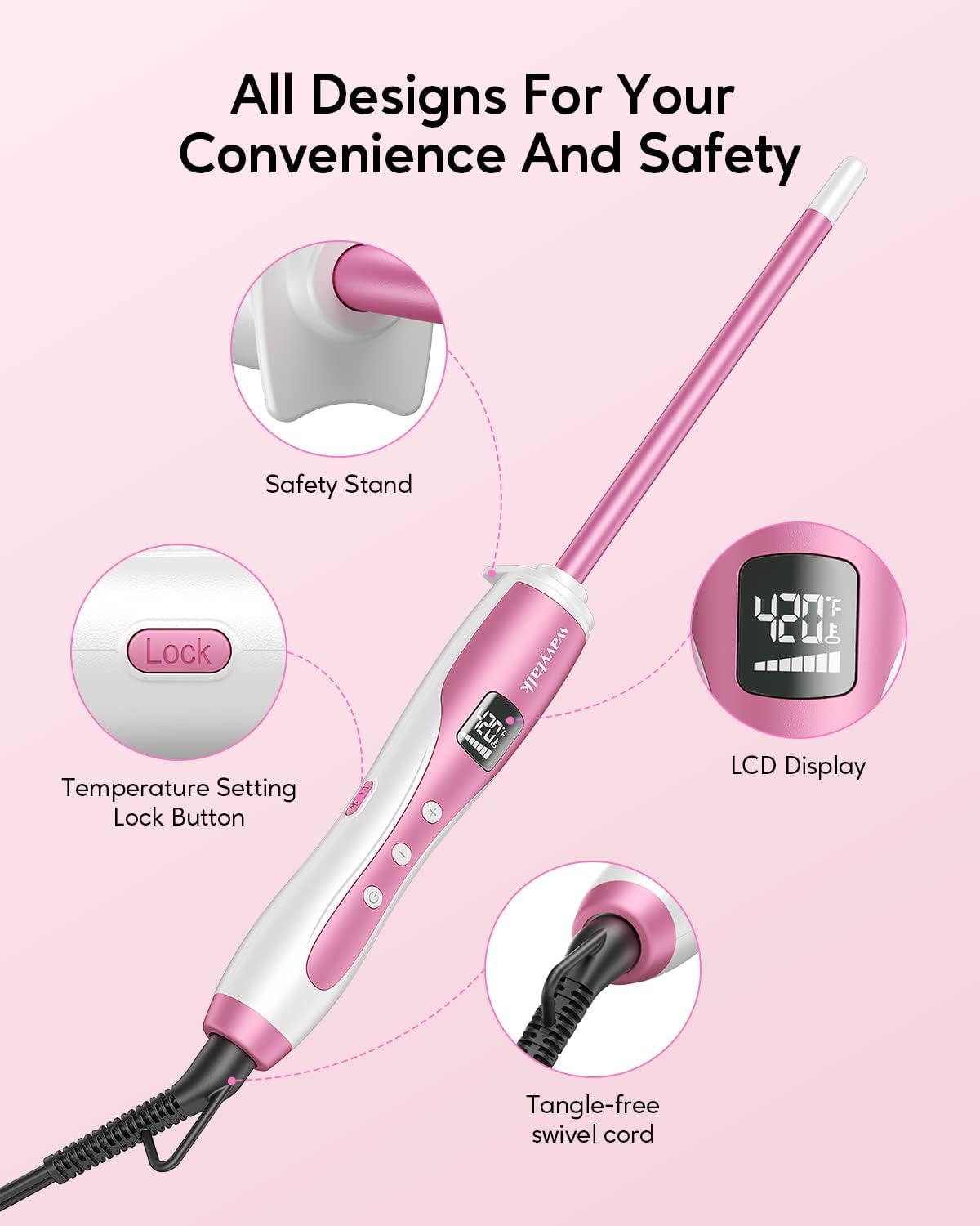 Wavytalk 3/8 Inch Small Curling Wand, Wand Curling Iron for Short & Long Hair, Ceramic Barrel with Adjustable Temperature, Heat Resistant Glove Included (Rose Pink)