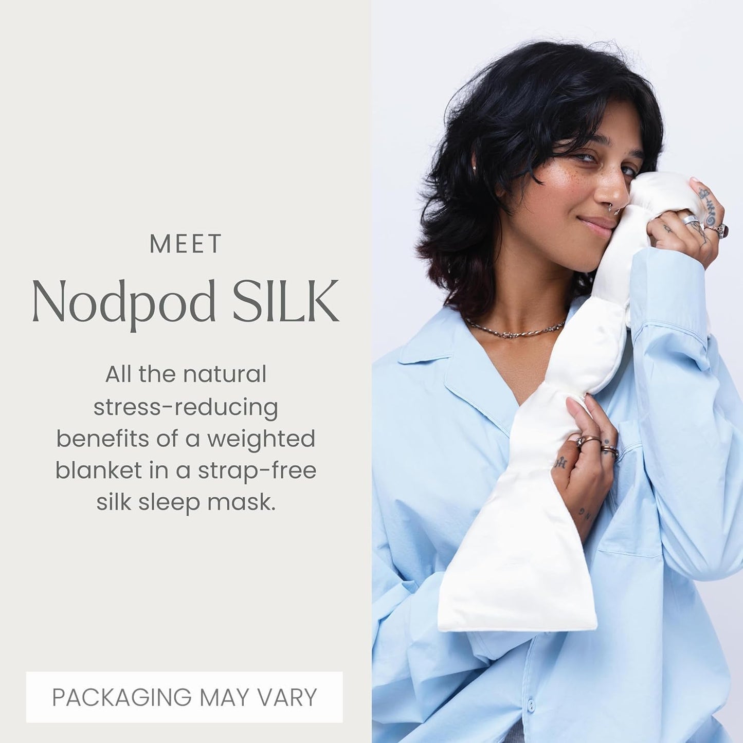 Nodpod Gentle Pressure Silk Sleep Mask | Strap-Free Design for Sleeping, Travel & Relaxation | Bead Filled, Machine Washable (Pearl)