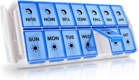Weekly Pill Organizer 7 Day 2 Times a Day Extra Large, Quick Fill 2020 Fullicon AM PM XL Daily Pill Cases Pill Box with Detachable Base - White/Blue (Patent Registered)