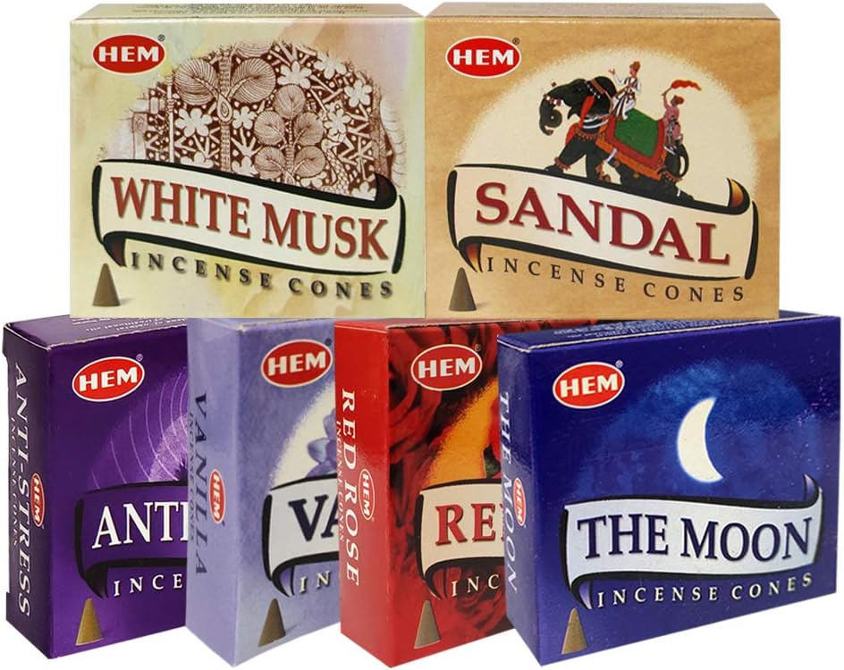 Hem Incense Cones Variety Pack #6 and Cone Incense Burner Bundle with 6 Most Admired Fragrances