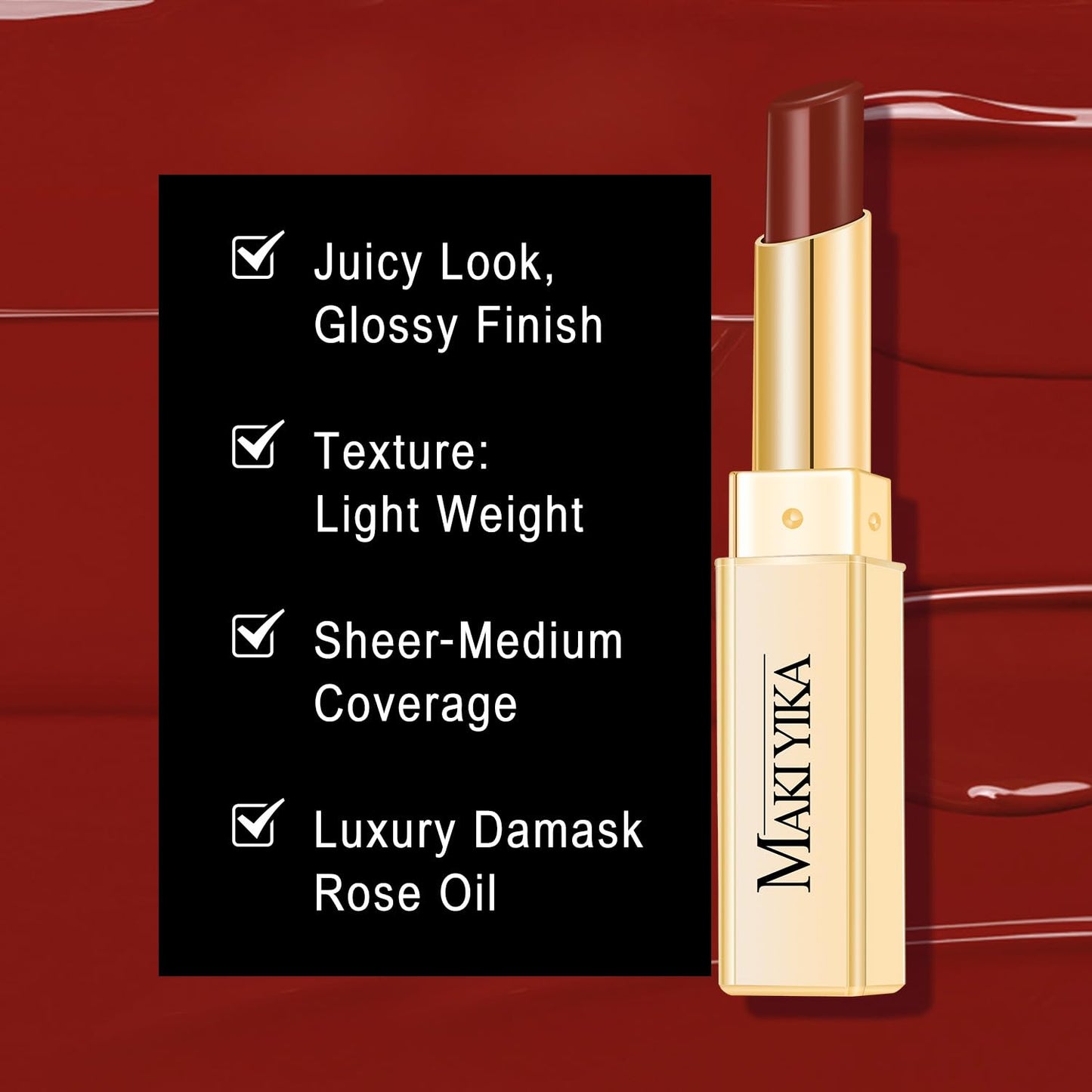 MAKI YIKA Moisture Dark Red Lipstick for Women Hydrate Lip Balm for Dry Cracked Lips Weightless Glossy Lip Color Juicy Finish,MA052 Dark Time