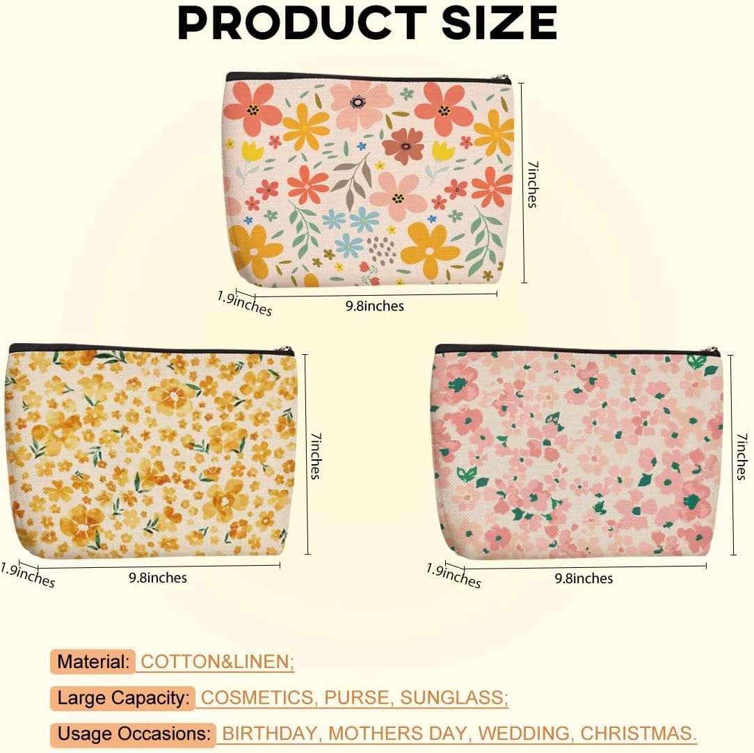3pcs Colorful Flower Makeup Bag, Retro Botanical Flower Cosmetic Bag, Christmas Wedding Anniversary Birthday Friendship Gifts for Women Girls Best Friends Sister Bestie Grandma Travel Toiletry Bag