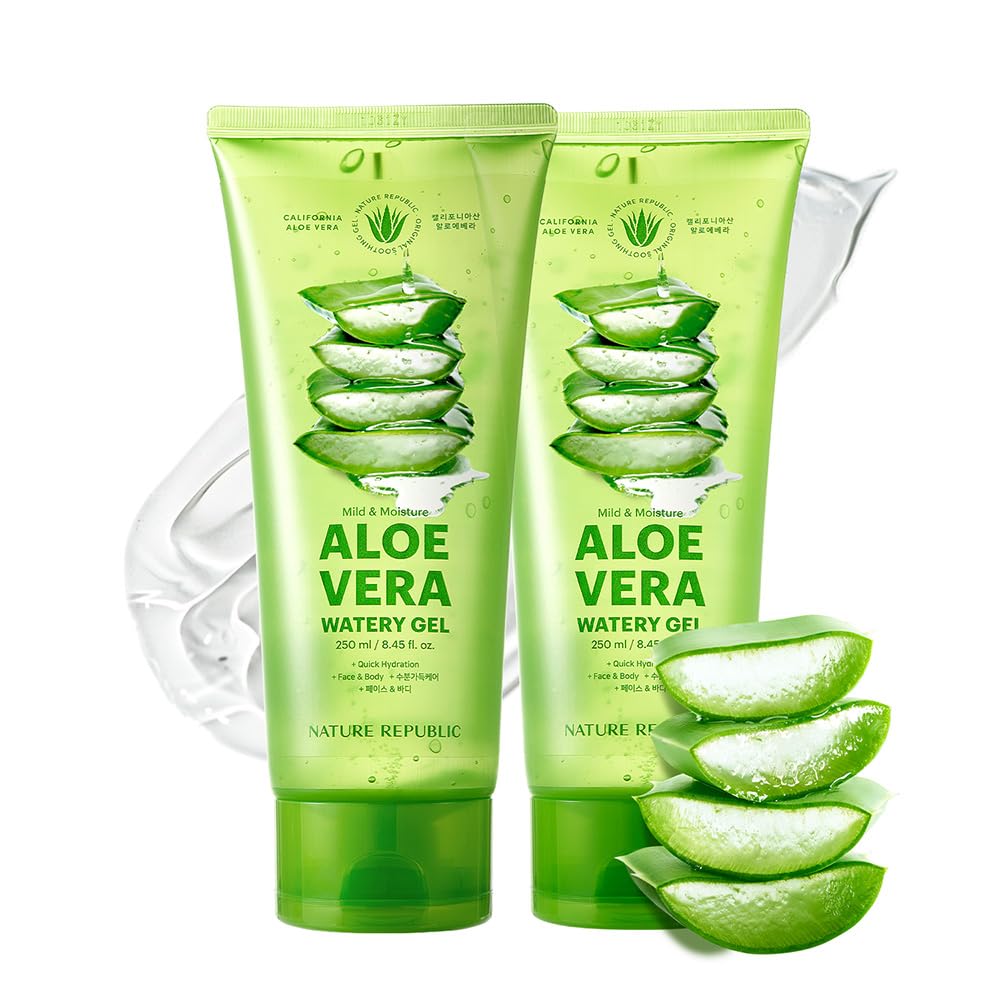 Nature Republic MILD & MOISTURE ALOE VERA WATERY GEL (TUBE 2 pack) Quick Hydration & fast absorbing non-sticky texture, aftersun cooling pack, korean skin care All Skin Types