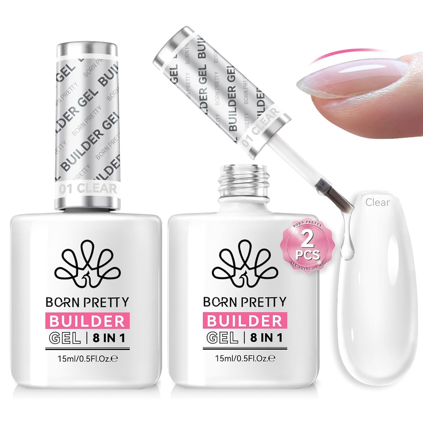 Born Pretty Builder Gel 8-in-1, 2PCS 15ML Clear Builder Nail Gel Set, Transparent Extension Rhinestone Glue for LED Lamp Cured for Nail Thickening