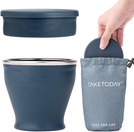 TakeToday Collapsible Travel Cup - Silicone Foldable Water Cup, BPA-Free with Lid & Waterproof Bag - Drinking Cup Set for Camping, Outdoors & International Travel（8 Oz, Navy）