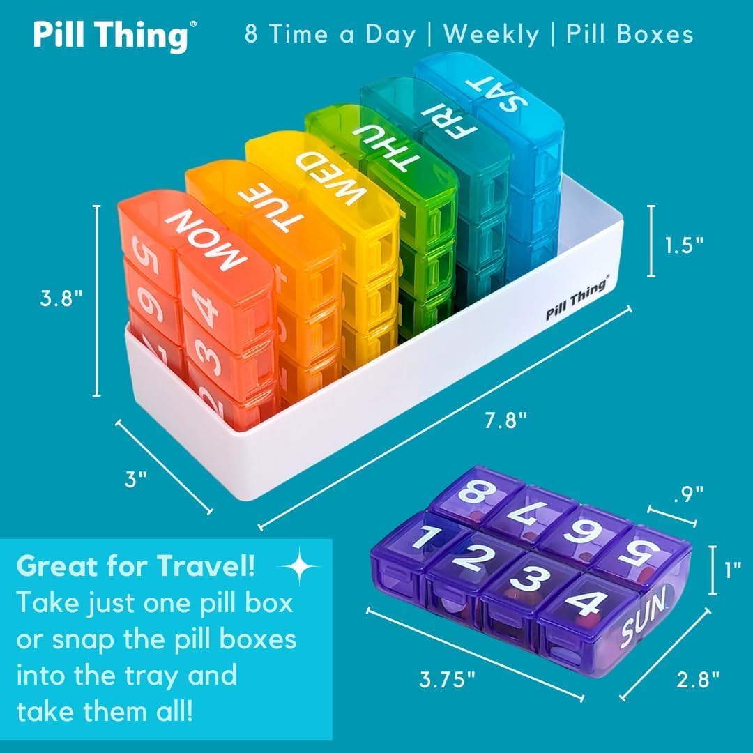 6 Times a Day, 7 Day Large Weekly Pill Organizer with Holder Tray, Vitamin, Medicine Box, Multicolor with Medical Alert Card (8X a Day - 2 Pack)